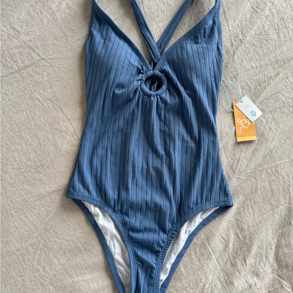 Kona Sol Blue Ribbed Plunge One Piece Swimsuit NWT